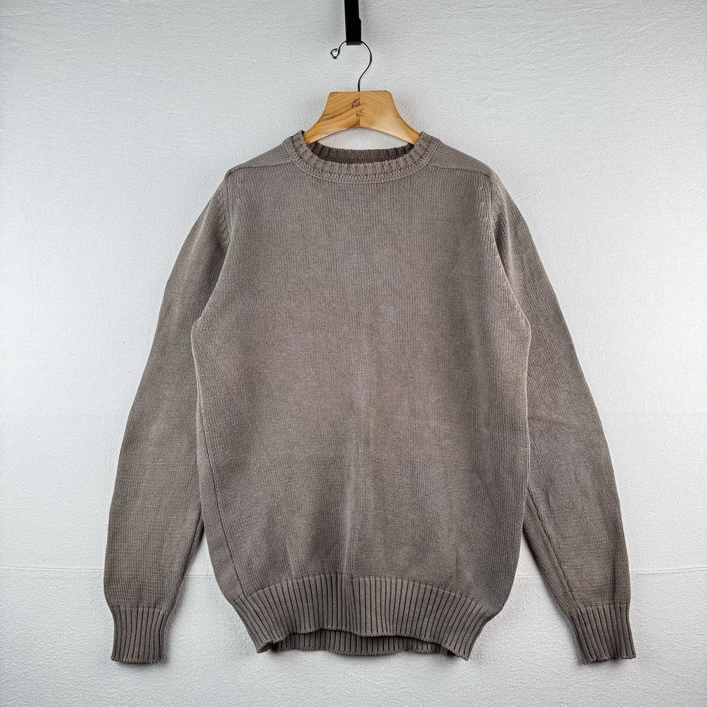 90's Vtg Land's End Sweater Men L Tall Gray Tan Crew Chunky Knit Cotton Made USA
